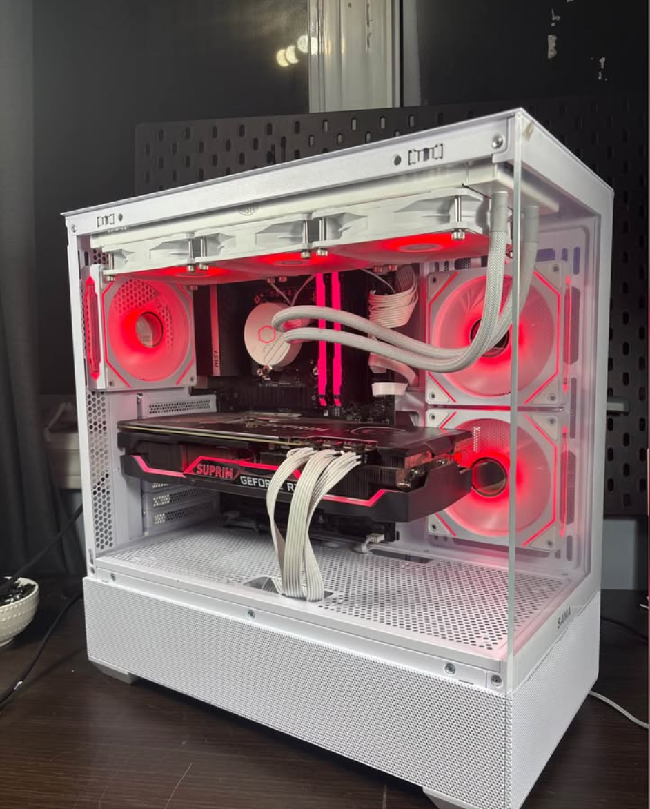 Custom gaming PC with red RGB lighting – alternate build view