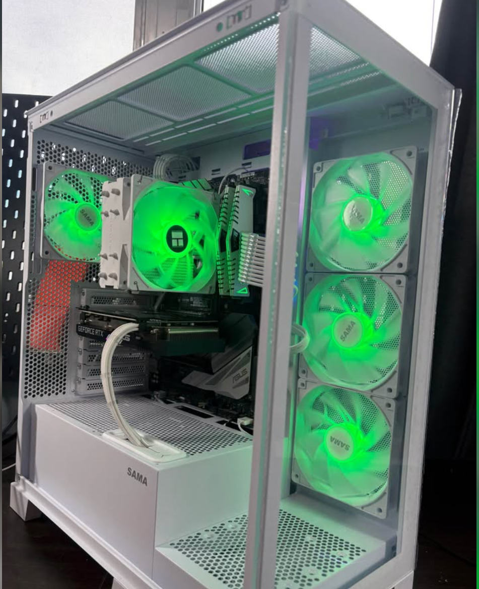 Custom gaming PC with green RGB lighting