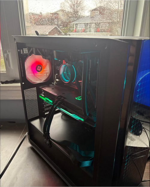 Custom gaming PC exterior with tempered glass side panel
