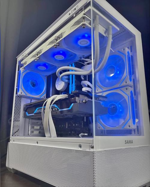 Custom gaming PC with blue RGB lighting – front view